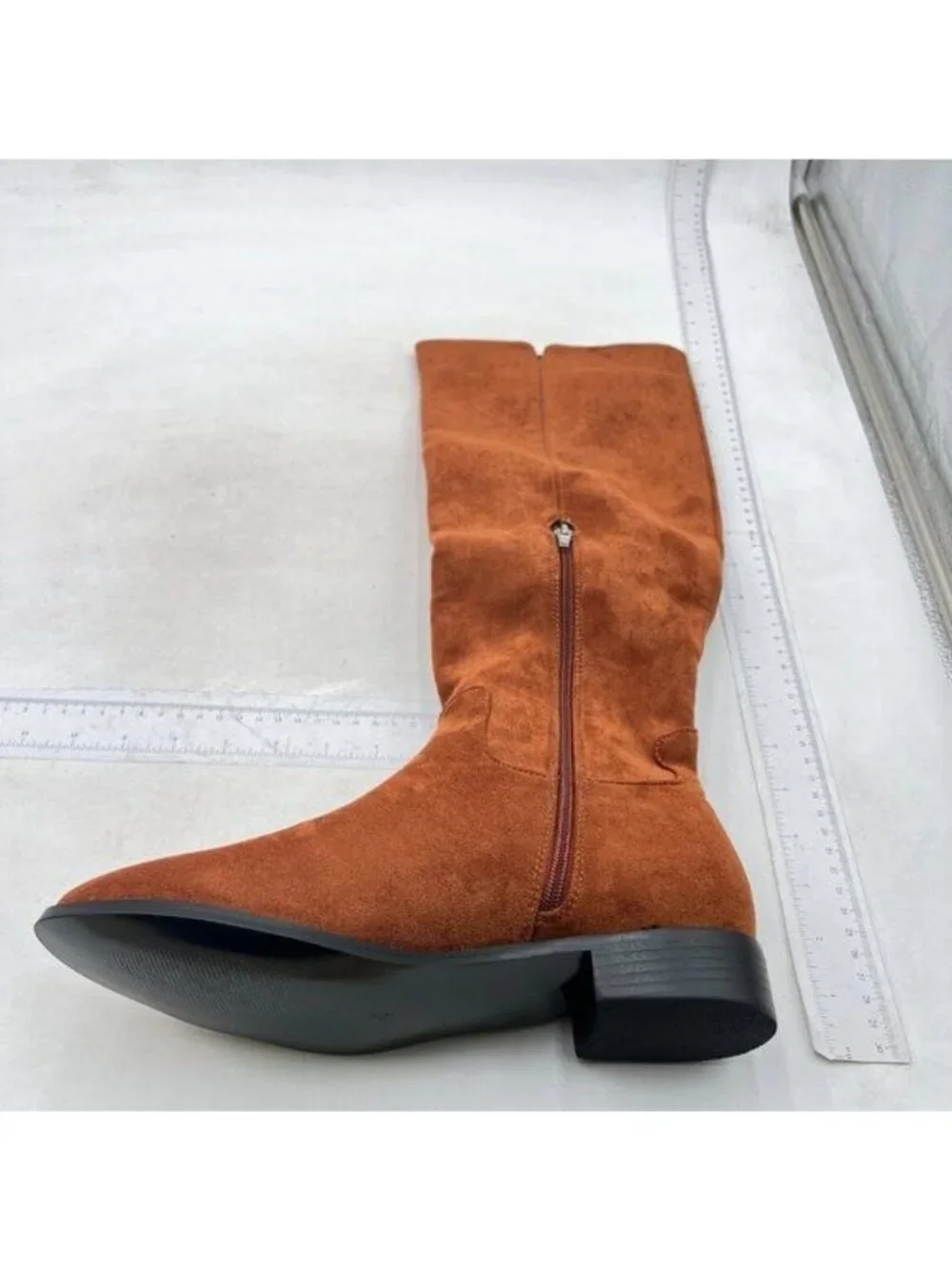 Pazzion Women Almond Toe Knee High Boots with Partial Zipper Stretchy Orange